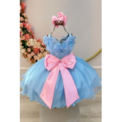 Vestido Infantil Princesas Jardim Encantado Azul Super Luxo
