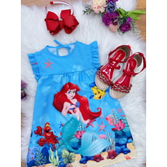 Vestido Infantil Trapézio da Ariel e Linguado Manga Flu-Flu