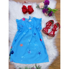 Vestido Infantil Trapézio da Ariel e Linguado Manga Flu-Flu