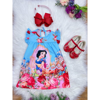 Vestido Infantil Trapézio da Branca de Neve Manga Flu-Flu