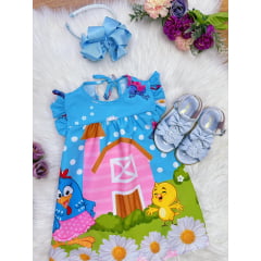 Vestido Infantil Trapézio da Galinha Pintadinha Manga Flu-Flu
