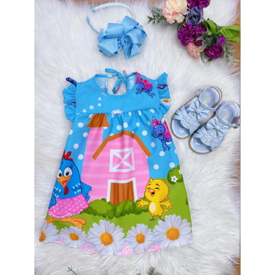 Vestido Infantil Trapézio da Galinha Pintadinha Manga Flu-Flu