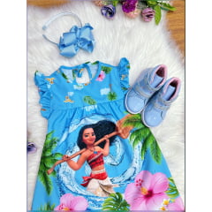 Vestido Infantil Trapézio da Moana Azul Manga Flu-Flu