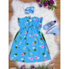 Vestido Infantil Trapézio da Moana Azul Manga Flu-Flu