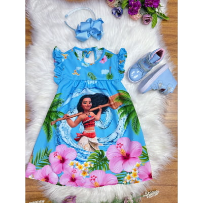 Vestido Infantil Trapézio da Moana Azul Manga Flu-Flu