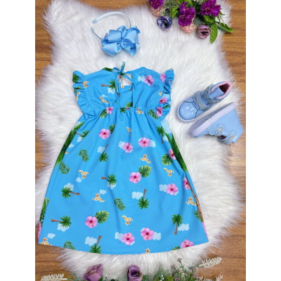 Vestido Infantil Trapézio da Moana Azul Manga Flu-Flu
