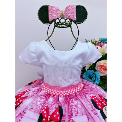 Vestido Infantil Minnie Rosa Floral Poá Peito Branco Strass