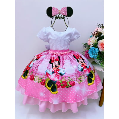 Vestido Infantil Minnie Rosa Floral Poá Peito Branco Strass