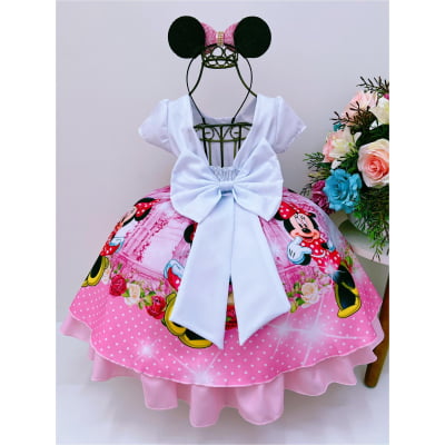 Vestido Infantil Minnie Rosa Floral Poá Peito Branco Strass