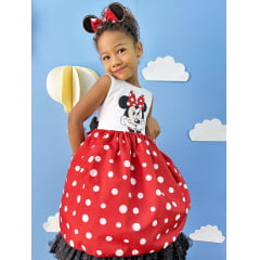 Vestido Infantil Minnie Vermelho Luxo Bolas Brancas C/Tiara