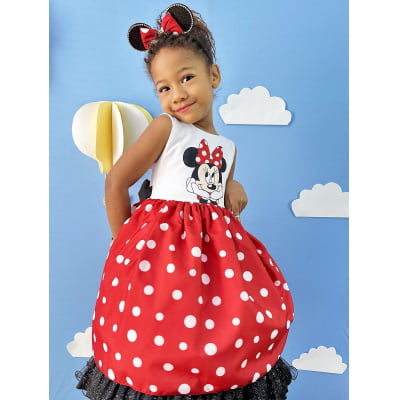 Vestido Infantil Minnie Vermelho Luxo Bolas Brancas C/Tiara