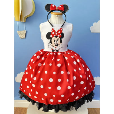 Vestido Infantil Minnie Vermelho Luxo Bolas Brancas C/Tiara