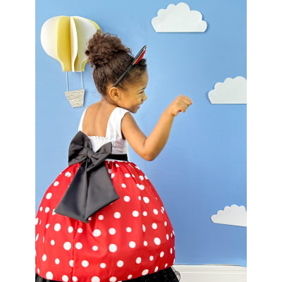 Vestido Infantil Minnie Vermelho Luxo Bolas Brancas C/Tiara