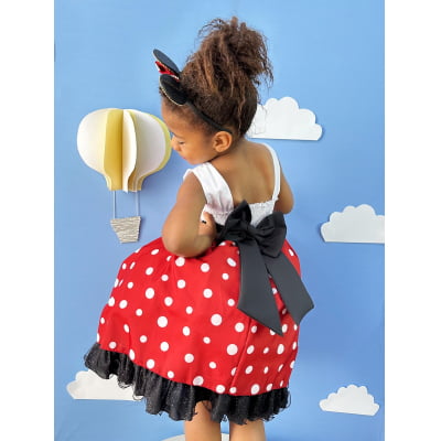 Vestido Infantil Minnie Vermelho Luxo Bolas Brancas C/Tiara