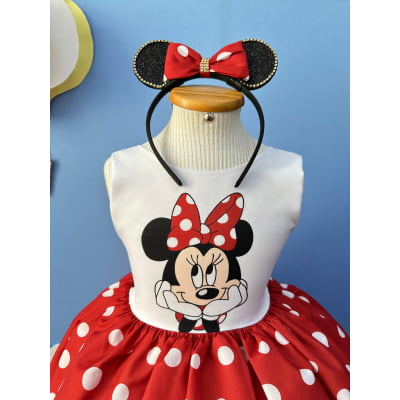 Vestido Infantil Minnie Vermelho Luxo Bolas Brancas C/Tiara