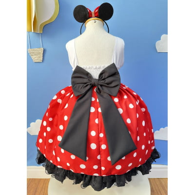 Vestido Infantil Minnie Vermelho Luxo Bolas Brancas C/Tiara