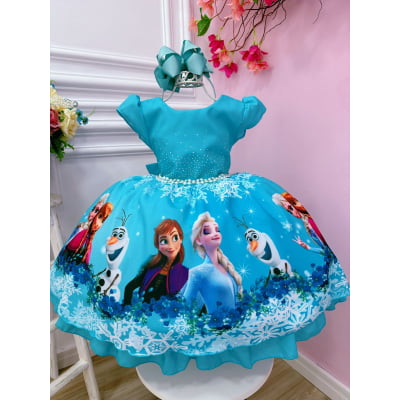Vestido Infantil Princesa Frozen Elsa Gelo Pérolas Festa