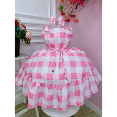Vestido Infantil Xadrez Barbie Rosa Bebê Com Laço