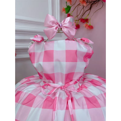 Vestido Infantil Xadrez Barbie Rosa Bebê Com Laço