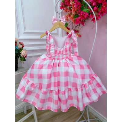 Vestido Infantil Xadrez Barbie Rosa Bebê Com Laço
