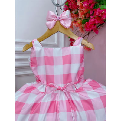 Vestido Infantil Xadrez Barbie Rosa Bebê Com Laço