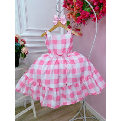 Vestido Infantil Xadrez Barbie Rosa Bebê Com Laço