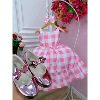 Vestido Infantil Xadrez Barbie Rosa Bebê Com Laço