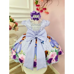 Vestido Infantil Sofia Lilás Bolinhas Princesa Cinto Pérolas