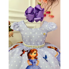Vestido Infantil Sofia Lilás Bolinhas Princesa Cinto Pérolas
