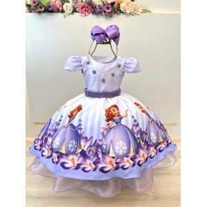 Vestido Infantil Princesa Sofia Lilás Aplique Pérolas Luxo