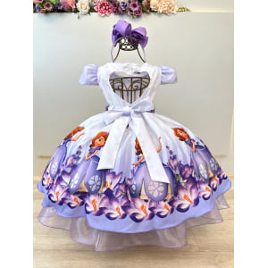 Vestido Infantil Princesa Sofia Lilás Aplique Pérolas Luxo