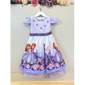 Vestido Infantil Princesa Sofia Lilás Aplique Pérolas Luxo