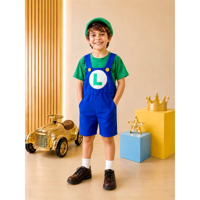 Conjunto Fantasia Infantil Macacão e Camiseta Luigi Verde Azul