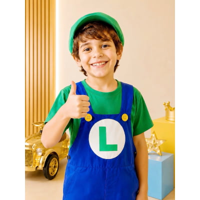Conjunto Fantasia Infantil Macacão e Camiseta Luigi Verde Azul