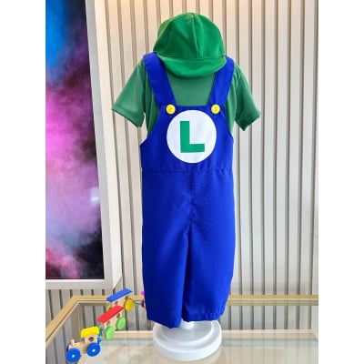Conjunto Fantasia Infantil Macacão e Camiseta Luigi Verde Azul