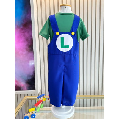 Conjunto Fantasia Infantil Macacão e Camiseta Luigi Verde Azul