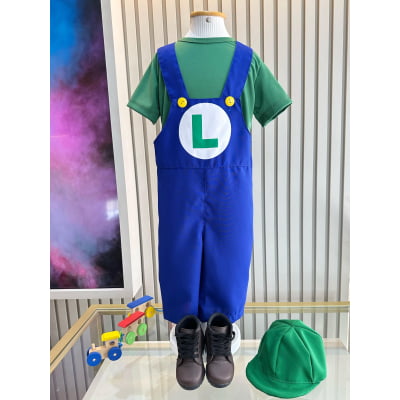 Conjunto Fantasia Infantil Macacão e Camiseta Luigi Verde Azul
