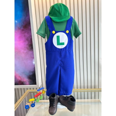 Conjunto Fantasia Infantil Macacão e Camiseta Luigi Verde Azul