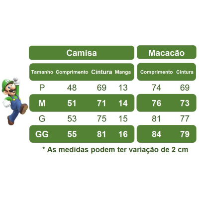 Conjunto Fantasia Infantil Macacão e Camiseta Luigi Verde Azul