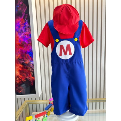 Conjunto Fantasia Infantil Mario Mecânico Vermelha Azul