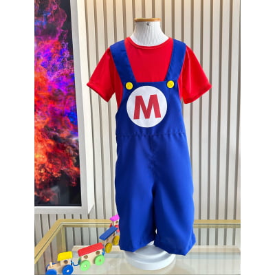 Conjunto Fantasia Infantil Mario Mecânico Vermelha Azul