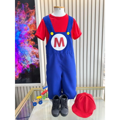 Conjunto Fantasia Infantil Mario Mecânico Vermelha Azul