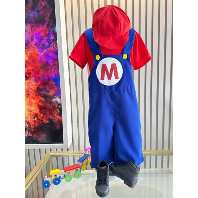 Conjunto Fantasia Infantil Mario Mecânico Vermelha Azul