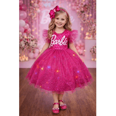 Vestido infantil da Barbie Pink Saia Com Leds Festas