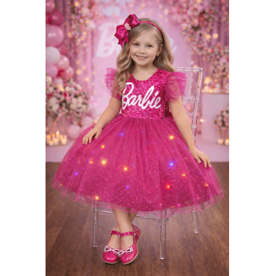 Vestido infantil da Barbie Pink Saia Com Leds Festas
