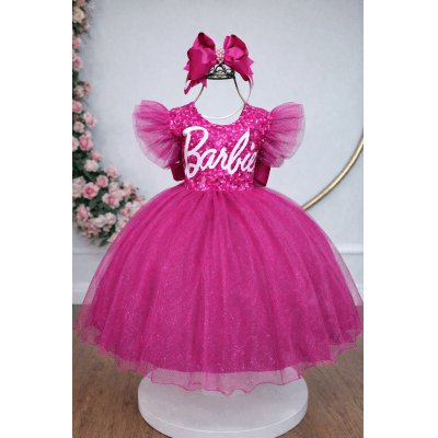 Vestido infantil da Barbie Pink Saia Com Leds Festas