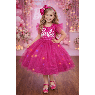 Vestido infantil da Barbie Pink Saia Com Leds Festas