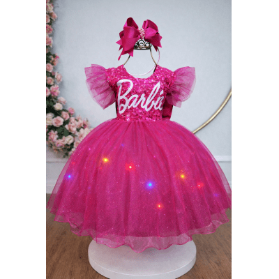 Vestido infantil da Barbie Pink Saia Com Leds Festas