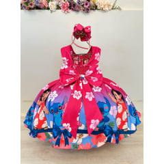 Vestido Infantil Lilo Stitch e Angel Pink Colorido Festas