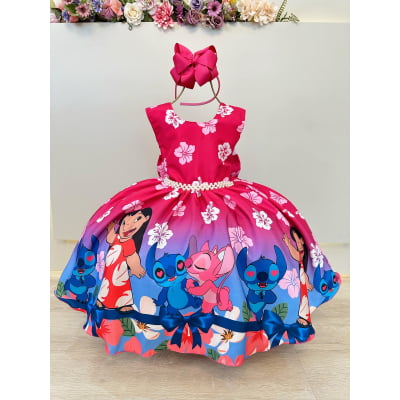 Vestido Infantil Lilo Stitch e Angel Pink Colorido Festas